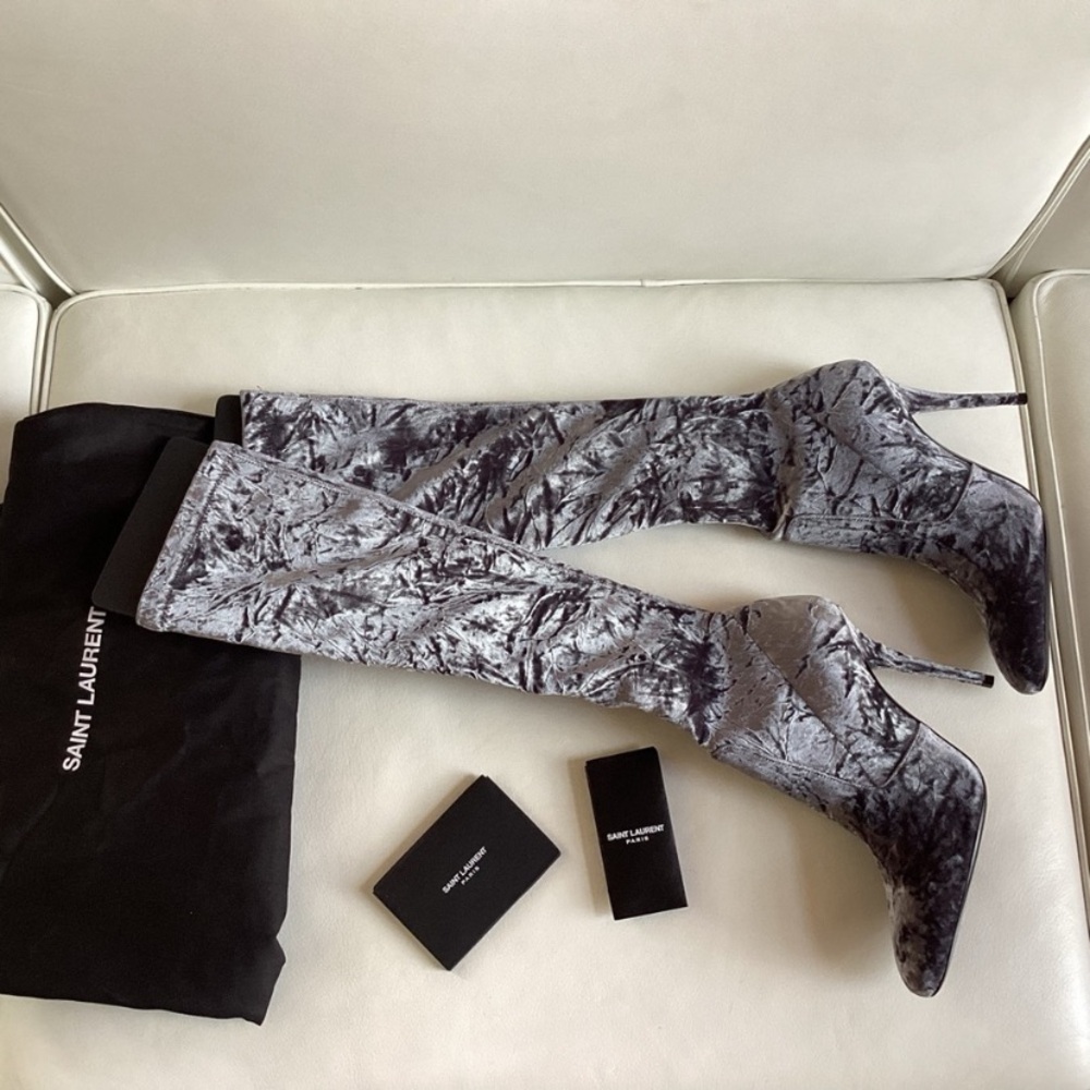 Saint Laurent Tall Velvet Stiletto Boot - Gray SZ 6.5/36.5 - Picture 2 of 11